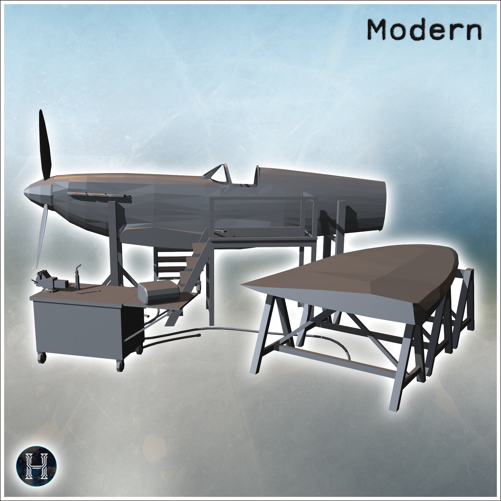 Metallic aircraft fuselage on supports with attached equipment cart and steps (6) - Modern WW2 WW1 World War Diaroma Wargaming RPG Mini Hobby